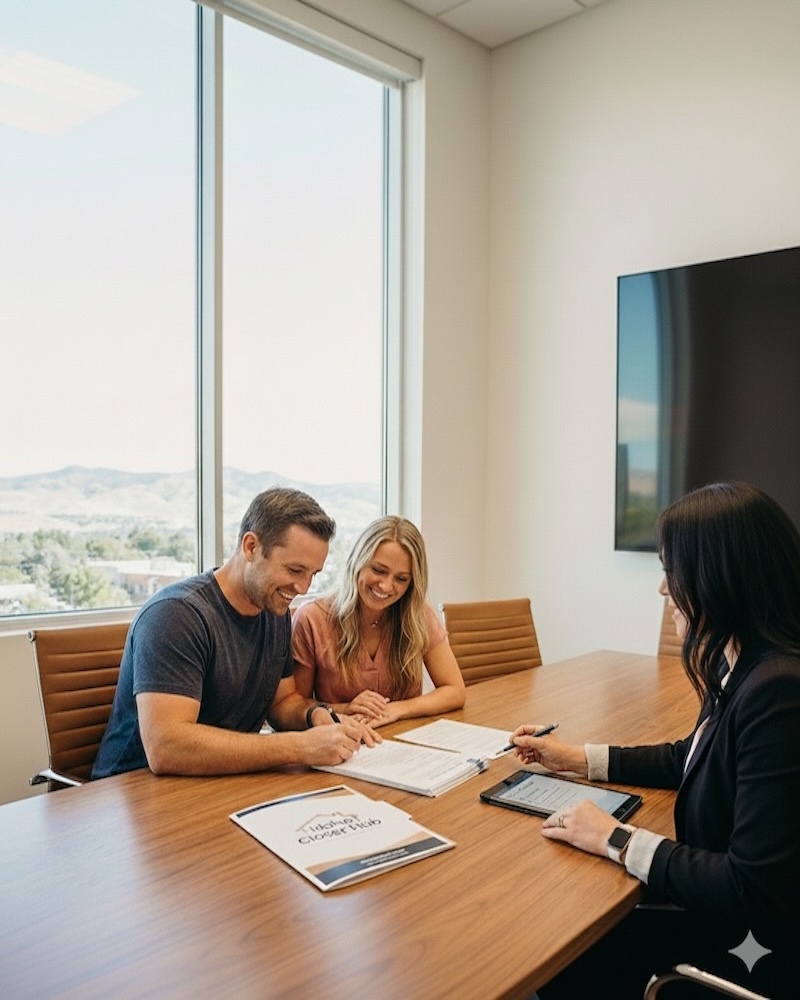 Professional real estate closing - Happy couple signing documents with transaction coordinator